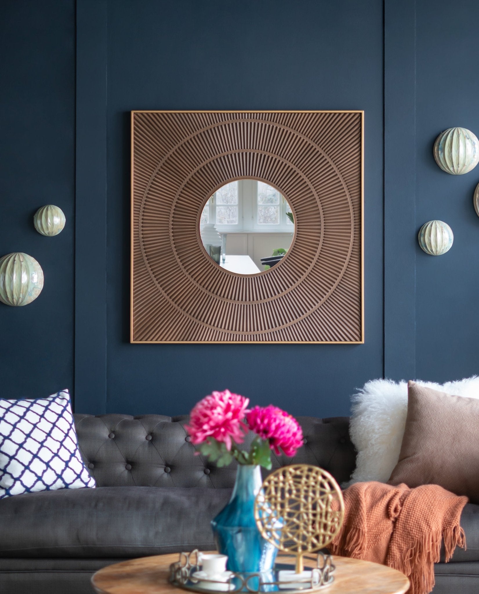 40" x 40" Square Carved Mirror with Pleated Design with Gold Iron Frame, Neutral Colorway Wall Decor for Living Room Bathroom Entryway - Groovy Boardz