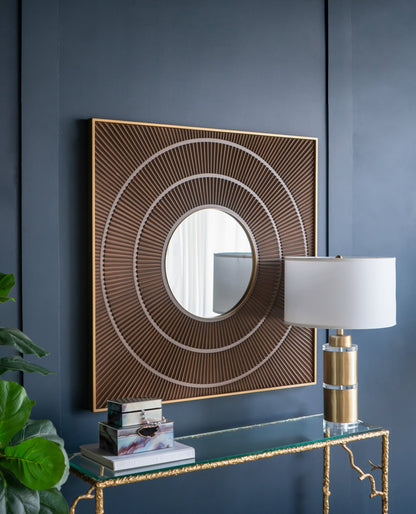 40" x 40" Square Carved Mirror with Pleated Design with Gold Iron Frame, Neutral Colorway Wall Decor for Living Room Bathroom Entryway - Groovy Boardz