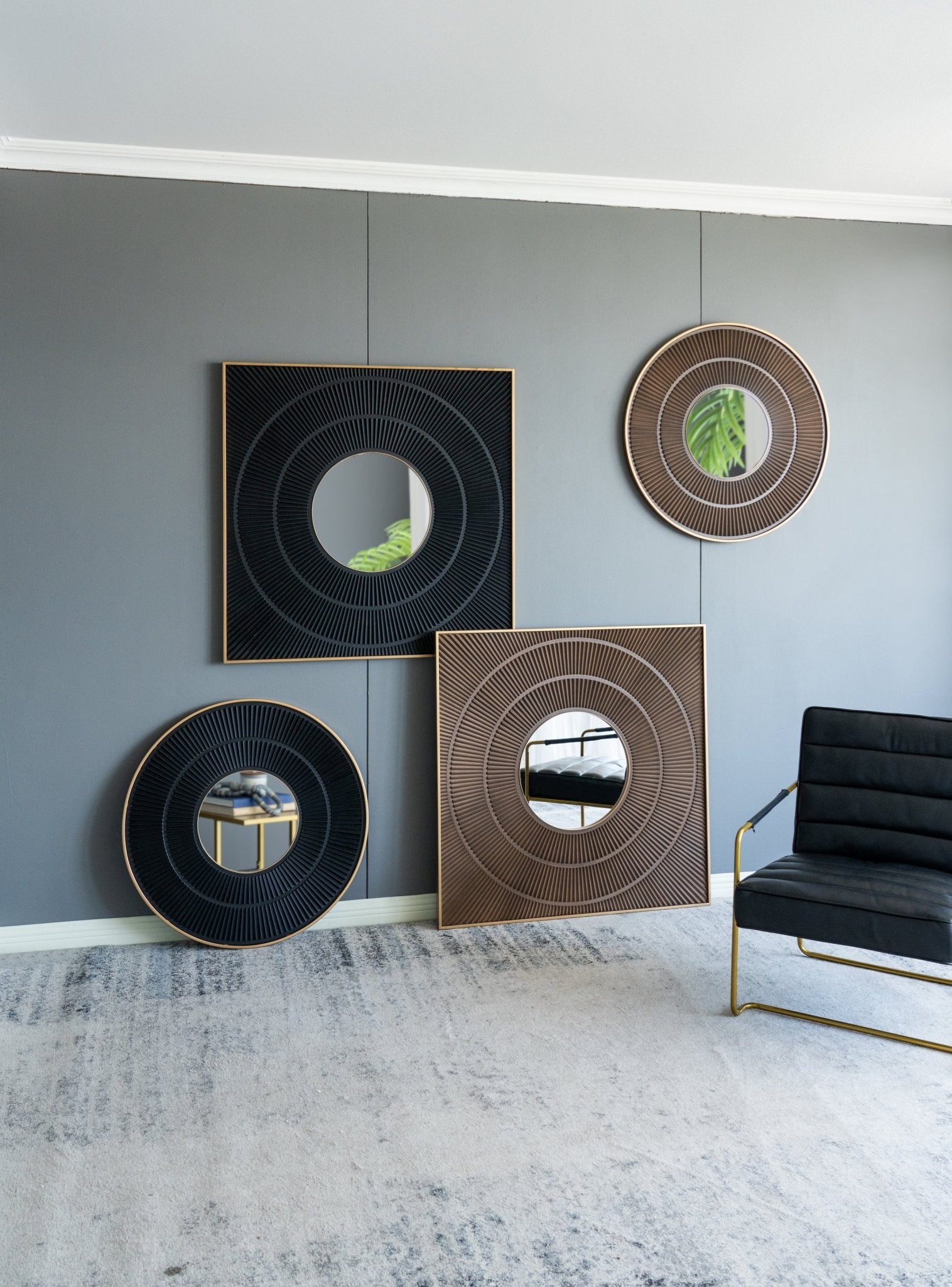 40" x 40" Square Carved Mirror with Pleated Design with Gold Iron Frame, Neutral Colorway Wall Decor for Living Room Bathroom Entryway - Groovy Boardz