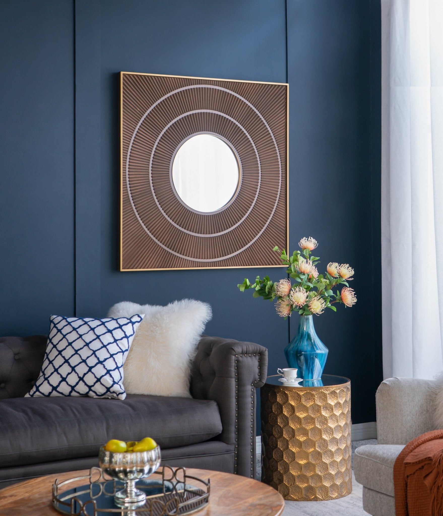 40" x 40" Square Carved Mirror with Pleated Design with Gold Iron Frame, Neutral Colorway Wall Decor for Living Room Bathroom Entryway - Groovy Boardz