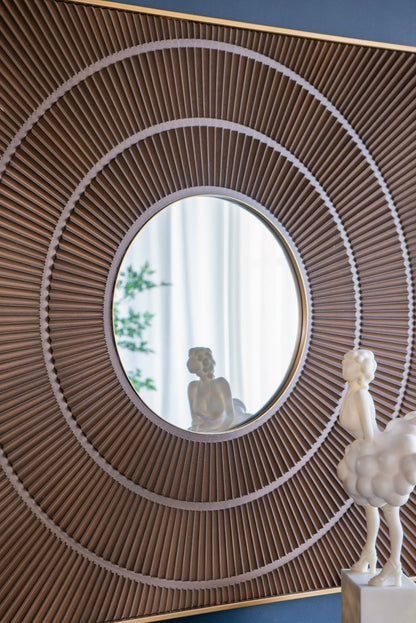 40" x 40" Square Carved Mirror with Pleated Design with Gold Iron Frame, Neutral Colorway Wall Decor for Living Room Bathroom Entryway - Groovy Boardz