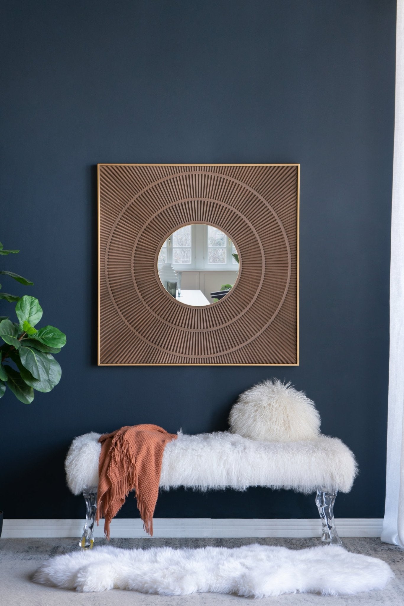 40" x 40" Square Carved Mirror with Pleated Design with Gold Iron Frame, Neutral Colorway Wall Decor for Living Room Bathroom Entryway - Groovy Boardz