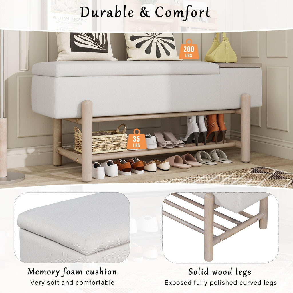 TREXM Farmhouse Upholstered Storage Bench with Hidden Compartment, Modern Entryway Bench for Living Room, Entryway, and Hallways (Natural).