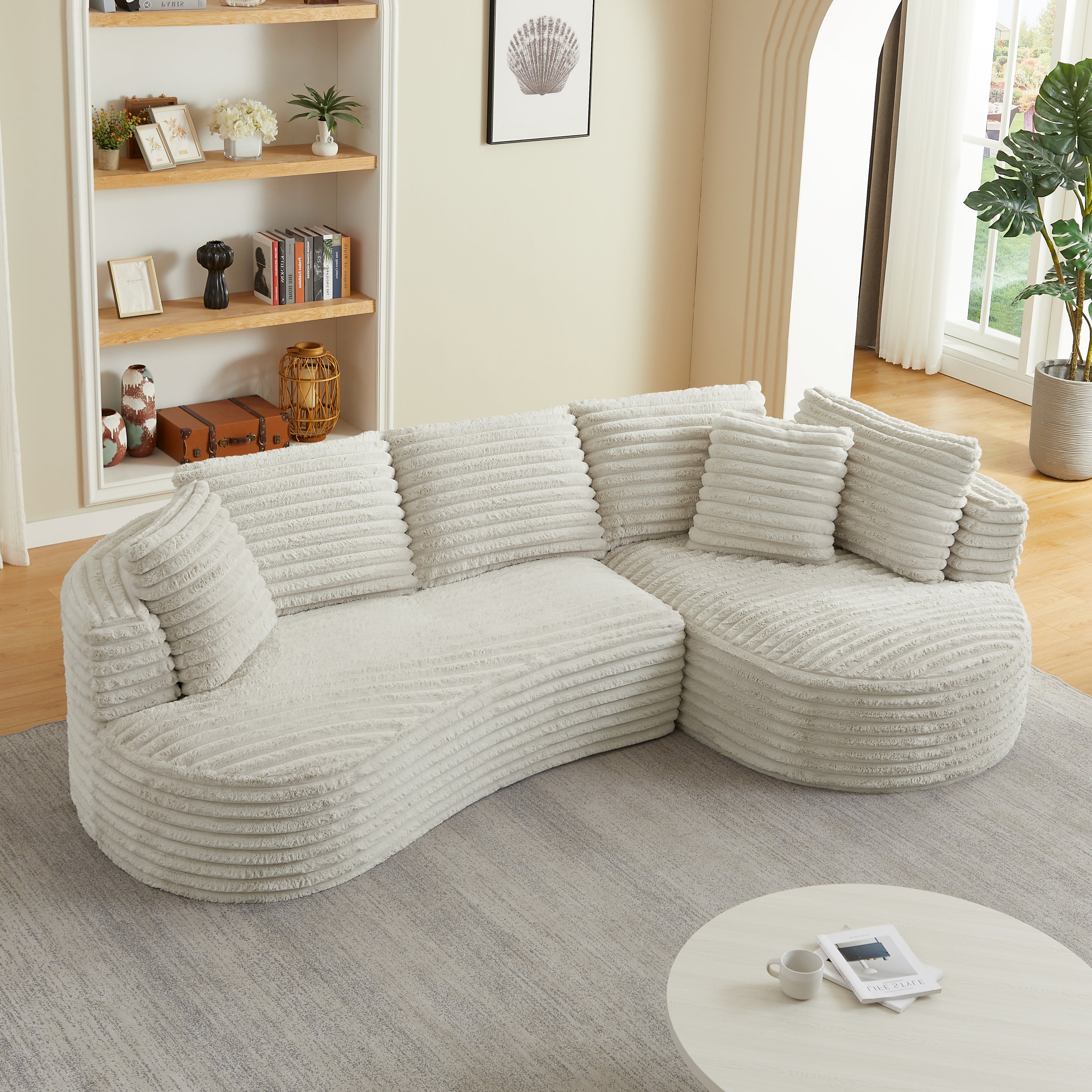 Cream Corduroy 4-Seater L-Shape Sectional Sofa with Tufted Design