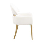 Side profile of Contemporary Dining Arm Chair in White and Gold highlighting curved armrests and sleek gold legs.