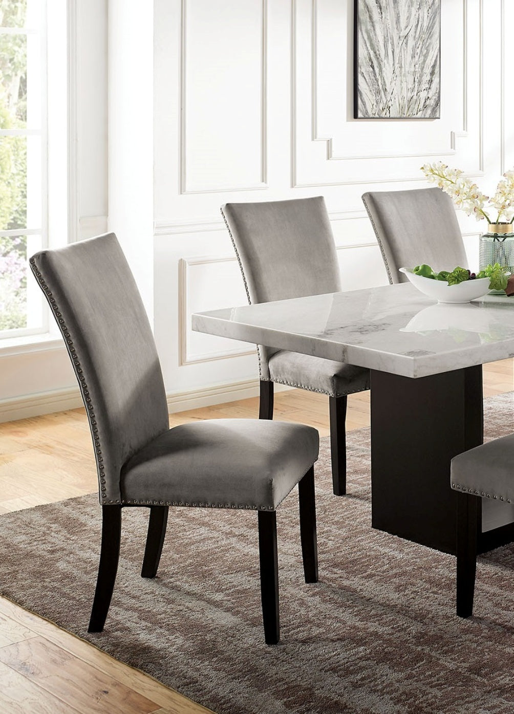Side view of marble dining table set - 7pc featuring grey chairs and solid marble tabletop. Perfect for modern home interiors.