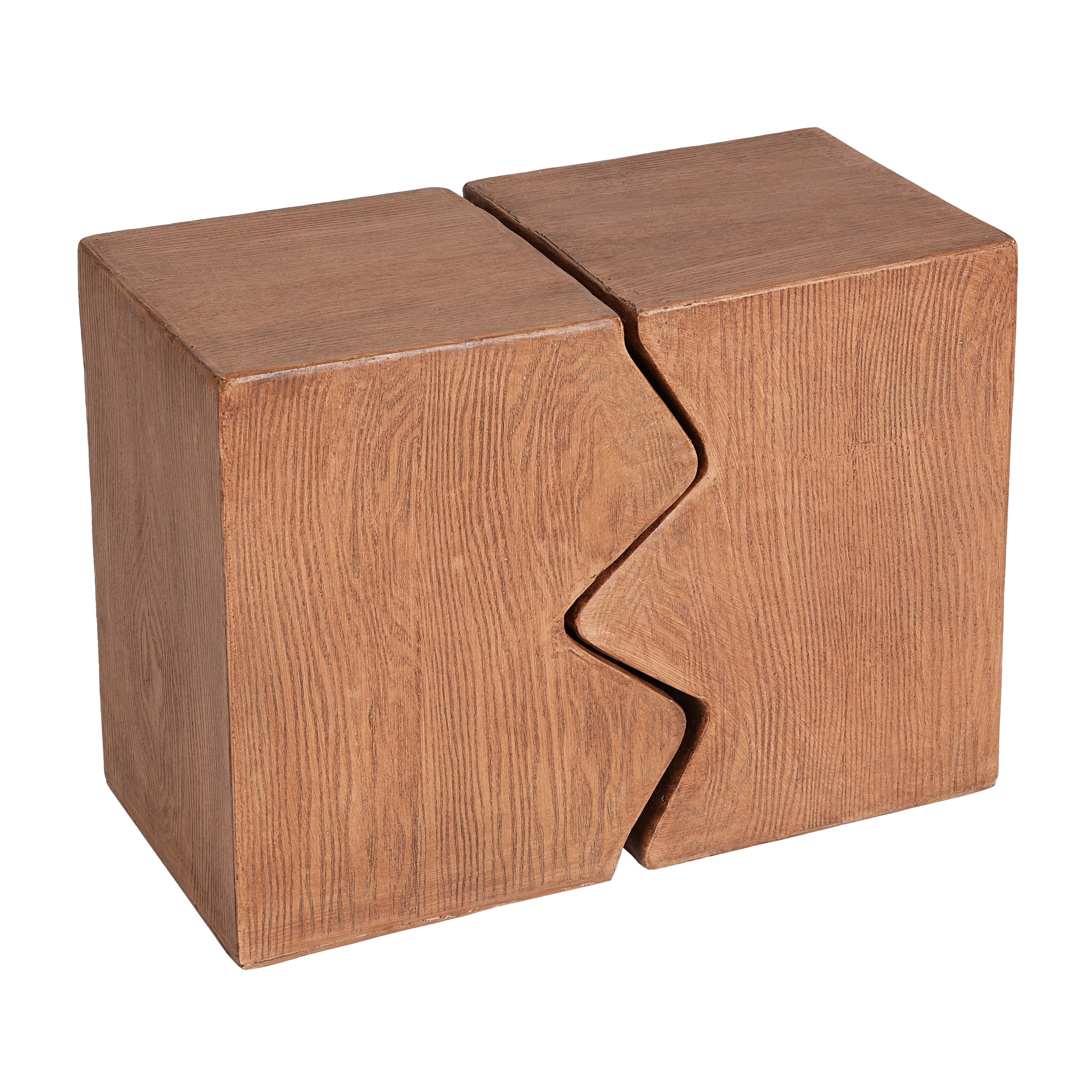 Durable MGO side table set of 2 with natural faux wood finish and zigzag split design, ideal for indoor or outdoor accent furniture use.