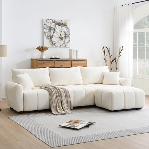 Modular Sectional Sofa with Movable Ottoman & Boucle Fabric.