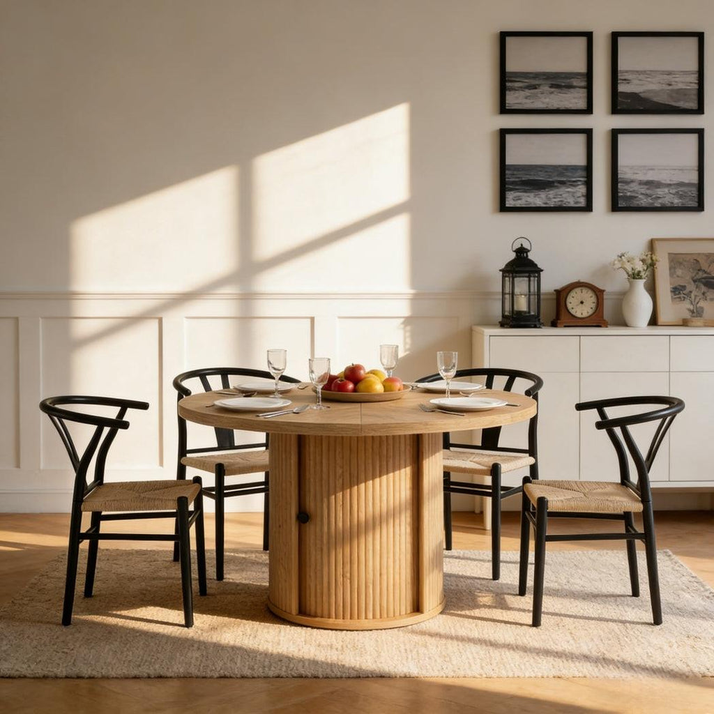 Black Woven Dining Chairs Set with Roman Column Table.