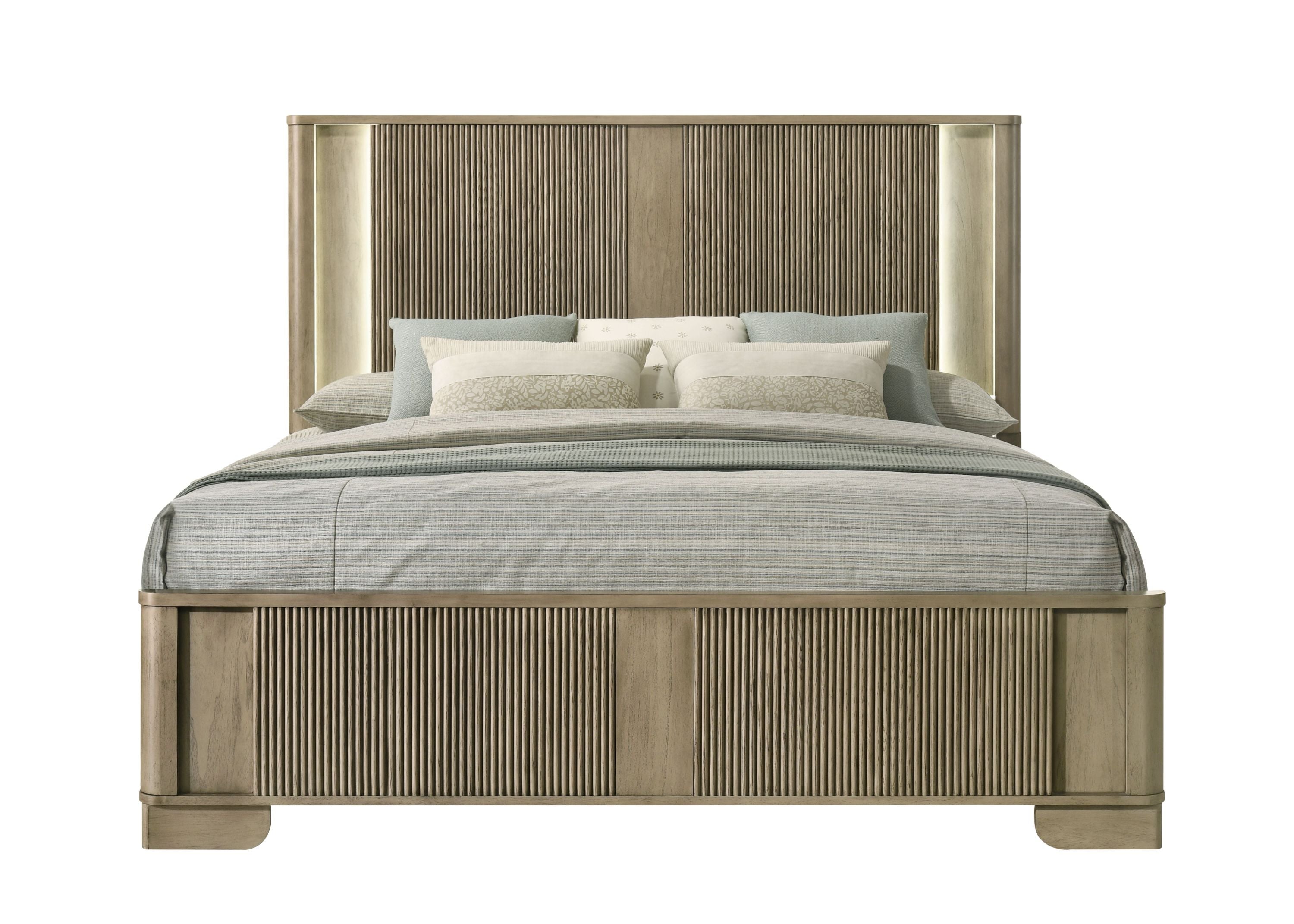 Lakkari Antique Oak Eastern King Bed with Built-In LED Headboard