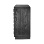 Side view of 4-Door Storage Cabinet with Geometric Doors & Metal Trim showing dark wood grain finish and sleek rectangular profile.