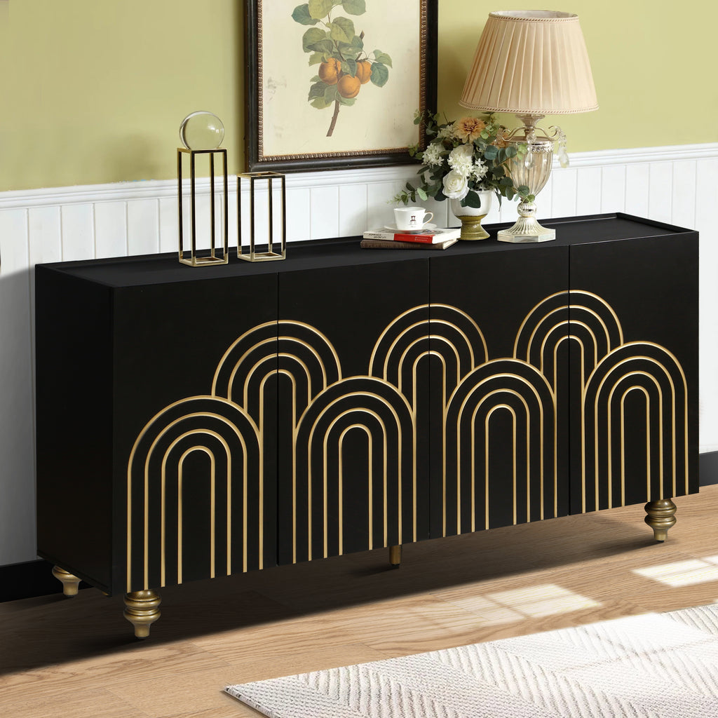 Modern Fluted Sideboard Buffet with Storage, Curve Element with Strict Lines, Black MDF 4-Door Cabinet