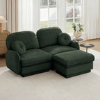 Green Chenille L-Shaped Loveseat with Ottoman and Quilted Cushions