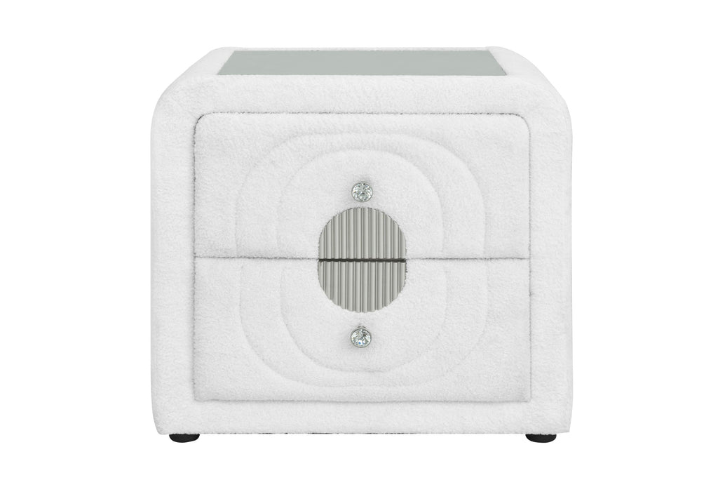 Shelyn White Teddy Sherpa Nightstand with Chrome and Crystal Knobs