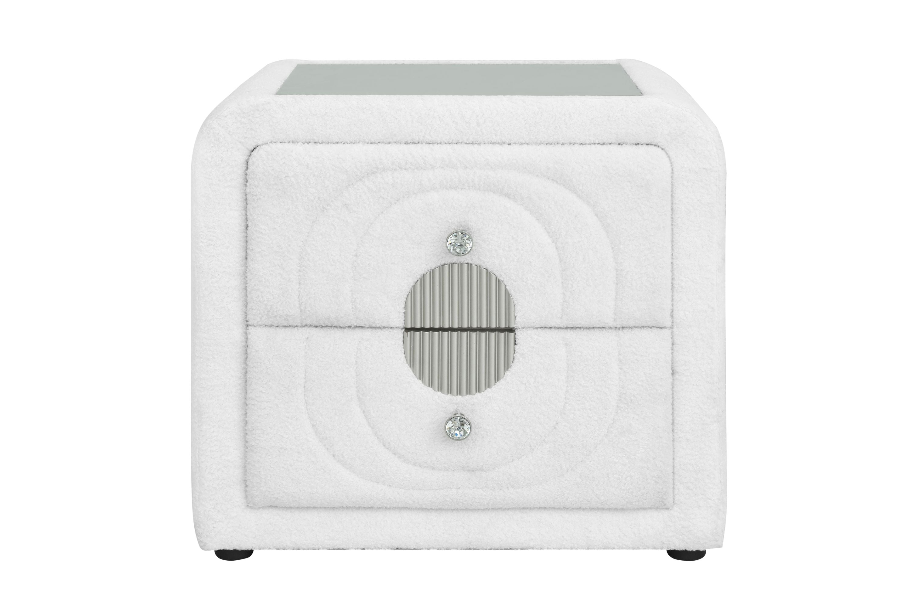 Shelyn White Teddy Sherpa Nightstand with Chrome and Crystal Knobs