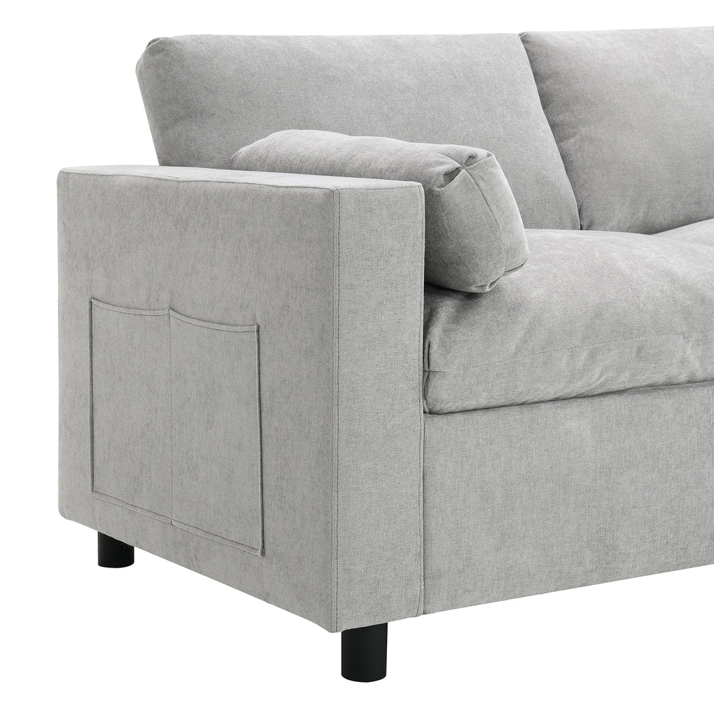 Chenille Modular Sofa - U-Shaped Couch with Storage includes built-in side storage pockets and plush armrest cushions in light gray fabric.