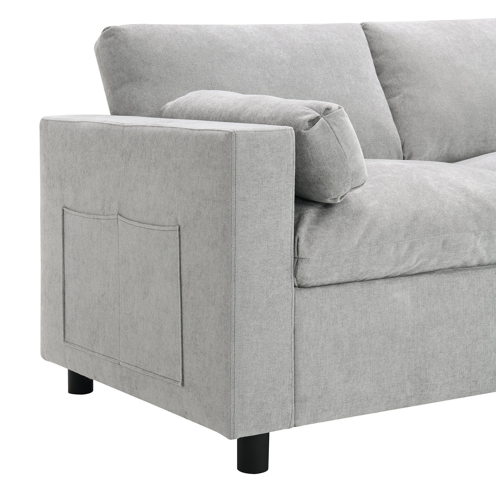 Chenille Modular Sofa - U-Shaped Couch with Storage includes built-in side storage pockets and plush armrest cushions in light gray fabric.