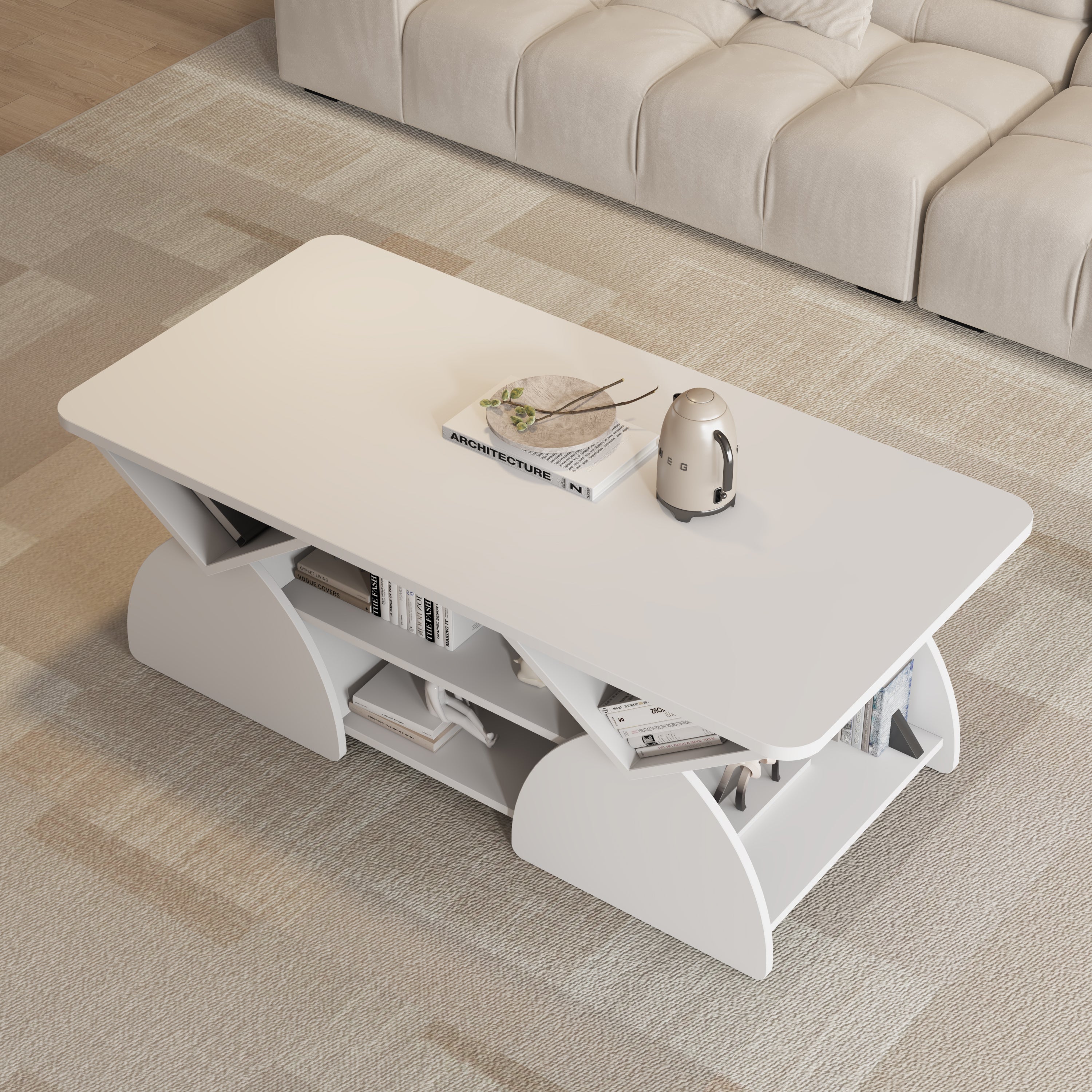 Top-down angle of white engineered wood coffee table with curved side panels and built-in storage. Great for stylish organization.
