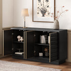 Open 4-Door Storage Cabinet with adjustable shelves, showcasing interior space for books, decor, and storage baskets.