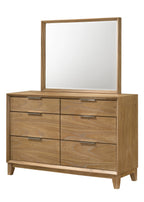 Contemporary 6-Drawer Dresser with matching framed mirror, offering stylish wood storage and a complete bedroom furniture look.