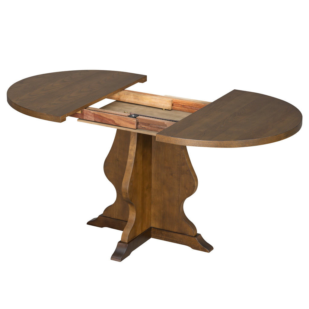 Extendable farmhouse dining table with center leaf mechanism exposed. Ideal for expanding dining space as needed.