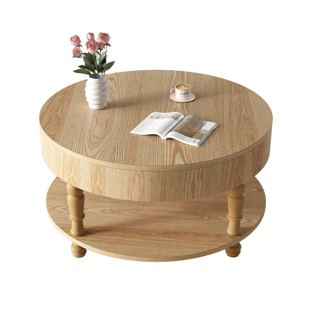 Coffee Table with Dual Storage for Living Room, 31.5' Modern Round Coffee Table with Storage and Hidden Compartment, Adjustable Leveling Feet, Easy Assembly(Natrual Wood).