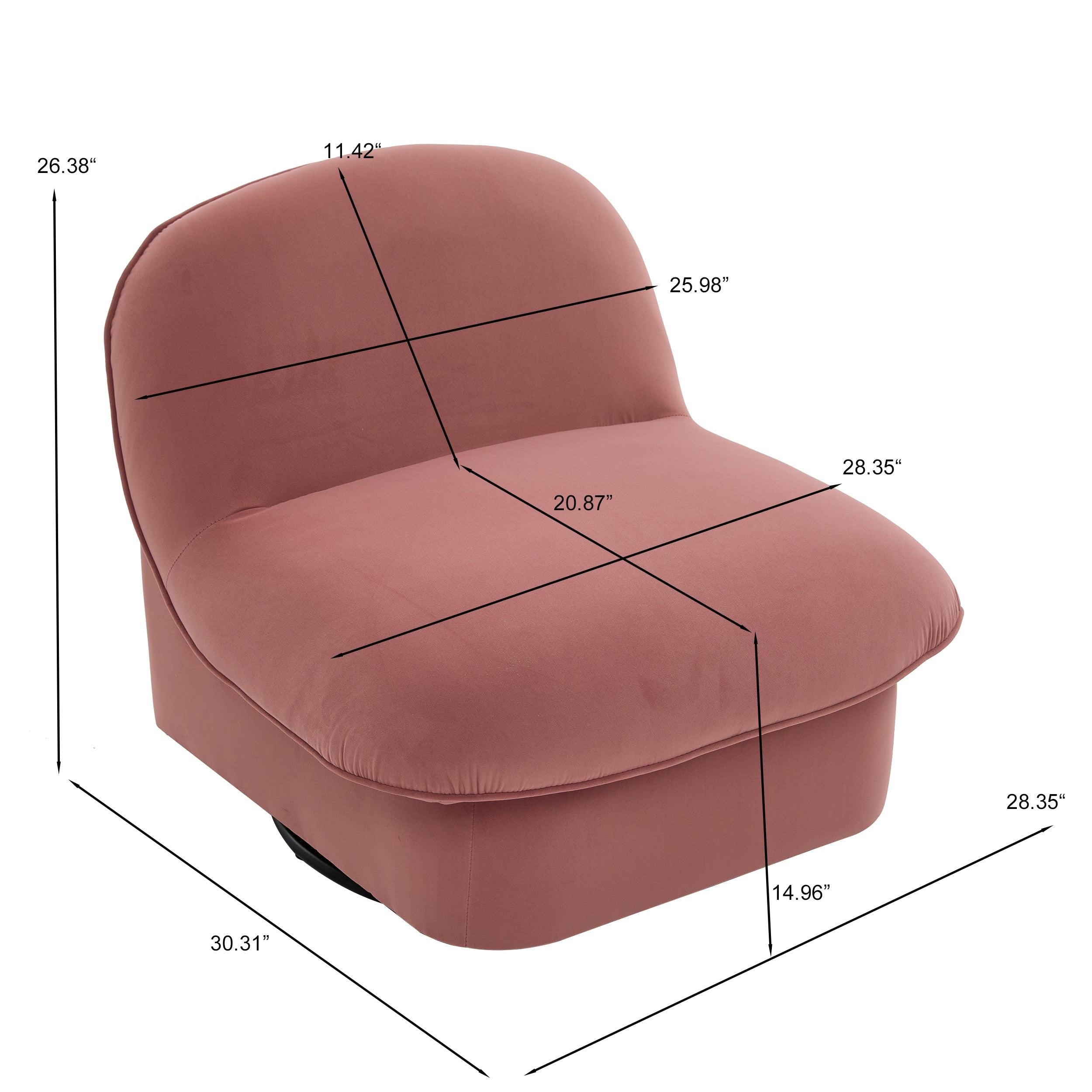 Coral Swivel Accent Chair with dimensions labeled, highlighting 360-degree rotation, soft velvet upholstery, and compact size for small spaces.