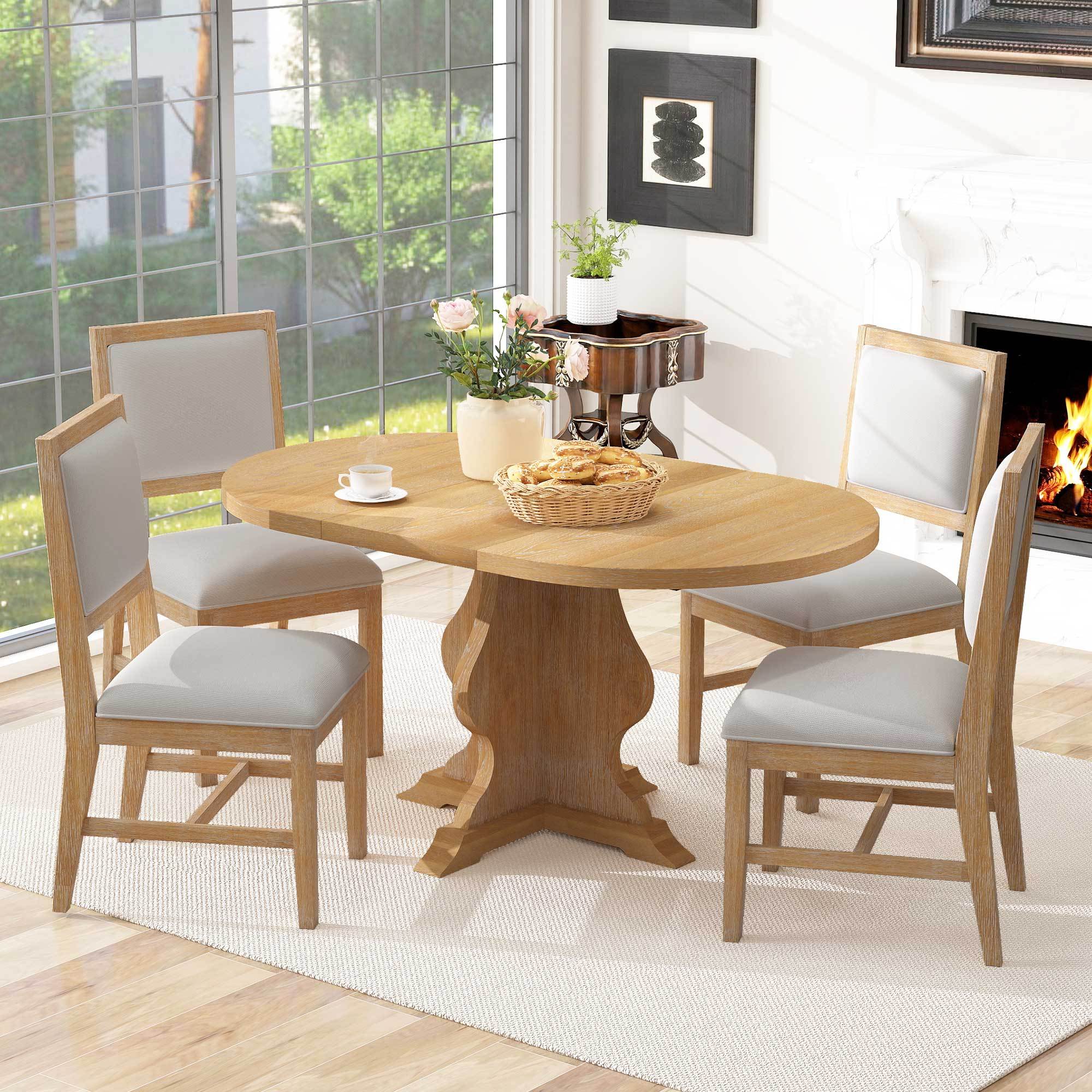 Rustic farmhouse dining table set with natural wood finish and cushioned chairs, placed in a sunlit dining room for a warm, inviting look.