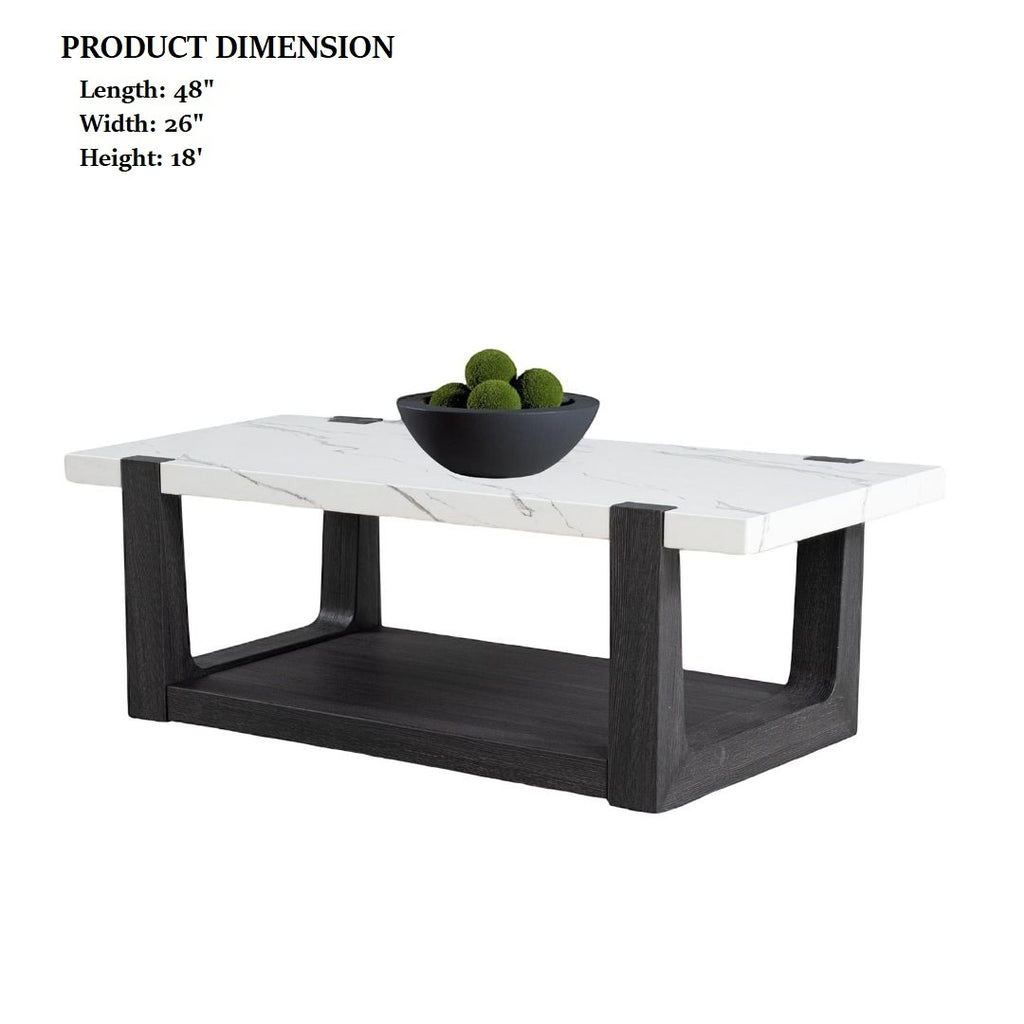 Modern coffee table faux marble with product dimensions: 48-inch length, 26-inch width, and 18-inch height in a two-tone design.