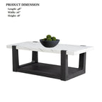 Modern coffee table faux marble with product dimensions: 48-inch length, 26-inch width, and 18-inch height in a two-tone design.