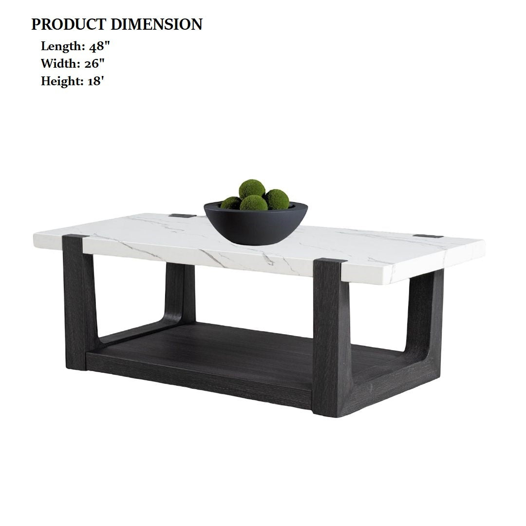 Modern coffee table faux marble with product dimensions: 48-inch length, 26-inch width, and 18-inch height in a two-tone design.