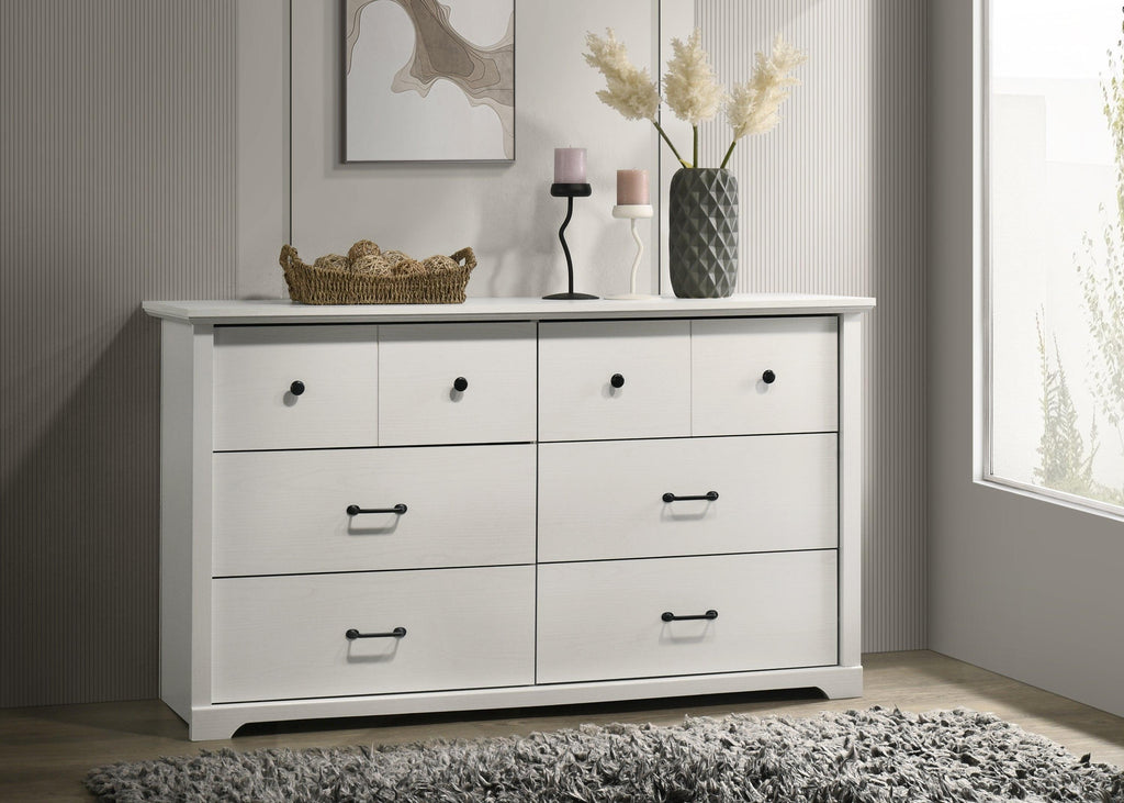 Elara White 6-Drawer Dresser with Black Handles.