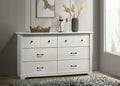 Elara White 6-Drawer Dresser with Black Handles.