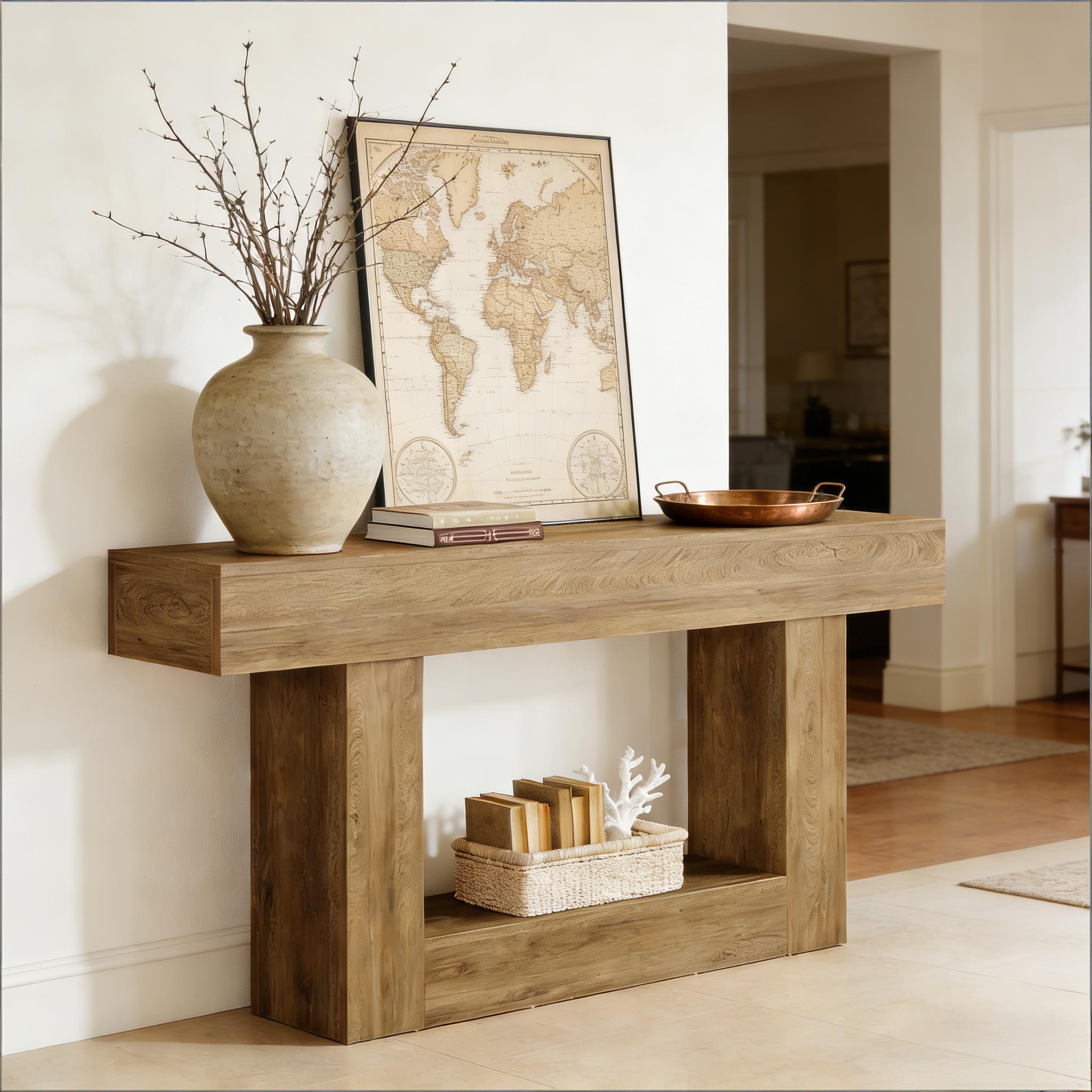 Rustic light oak 2-tier console table with a thick block design, styled with a vase, map art, and books in an entryway.