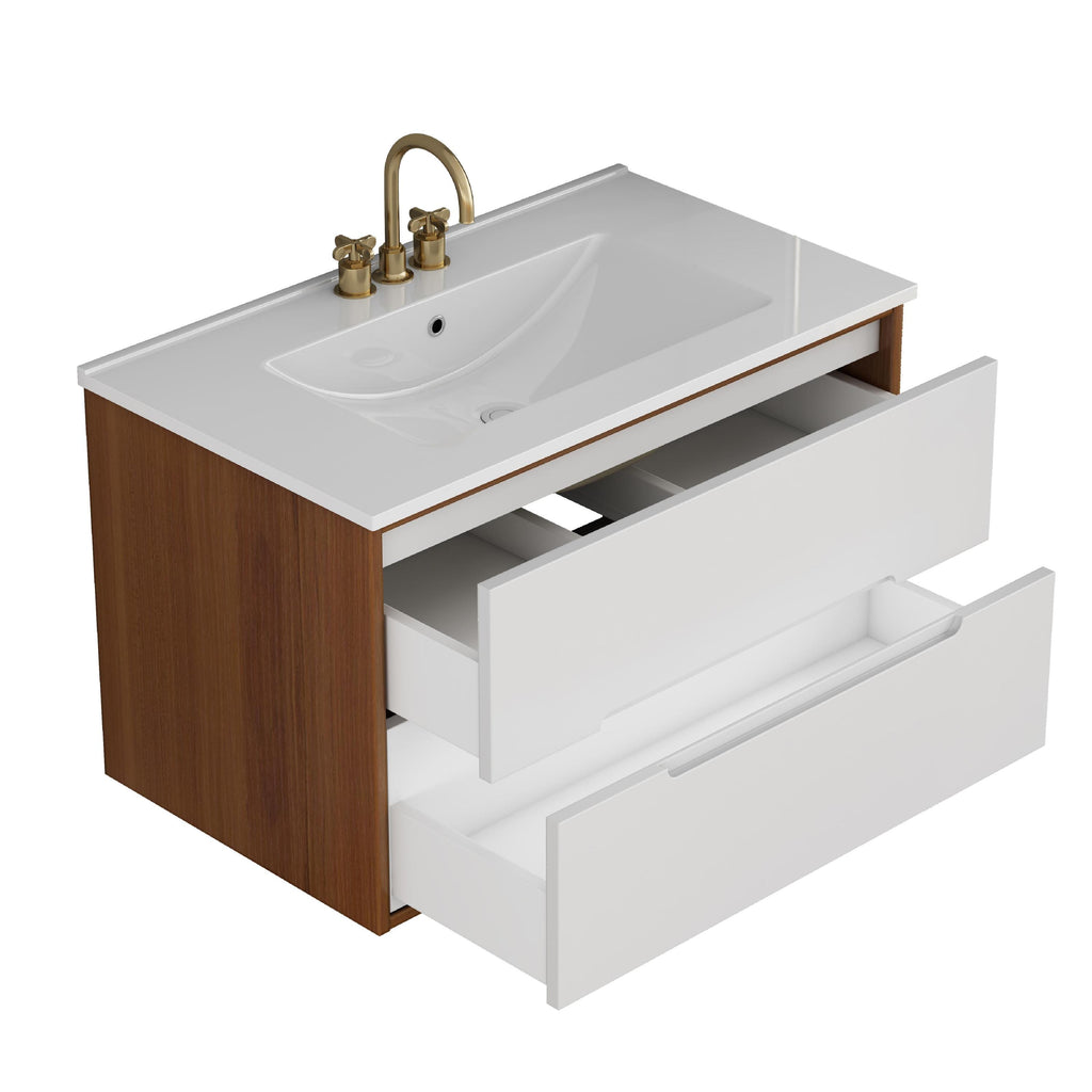 Angled view of 32-inch bathroom vanity with open soft-close drawers, ceramic sink, and solid wood walnut cabinet.
