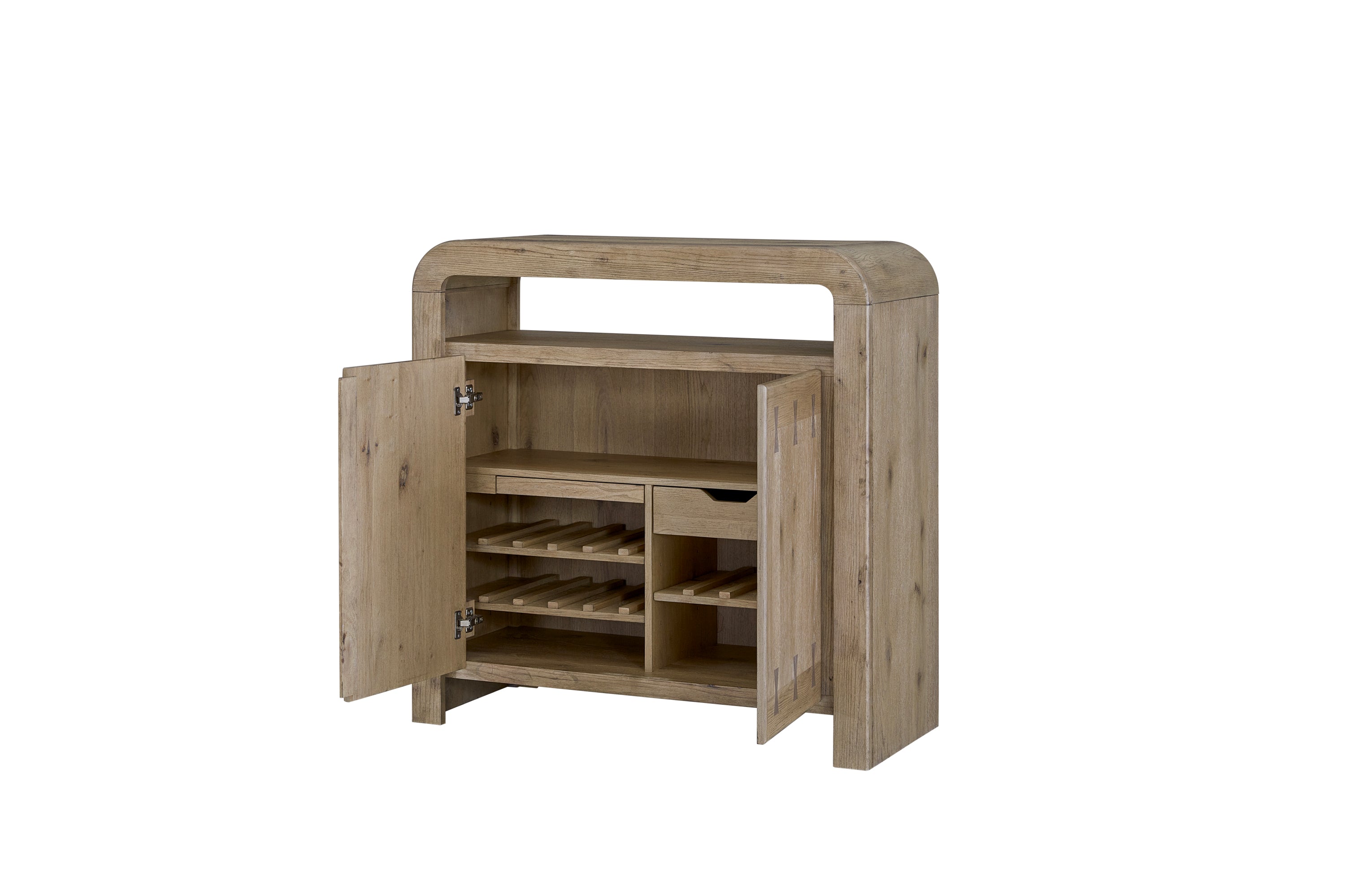 Oak Veneer Bar Cabinet with Wine Storage featuring smooth edges, interior wine racks, and soft-close doors for a modern home bar setup.