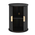 [Assembly Video] Mid-Century Coffee Table Set with Sliding Tambour Door, Round Fluted End Table With Storage, Golden Handle Tall & Low Side Table with Wooden Finish for Living Room, Set of Two, Black.