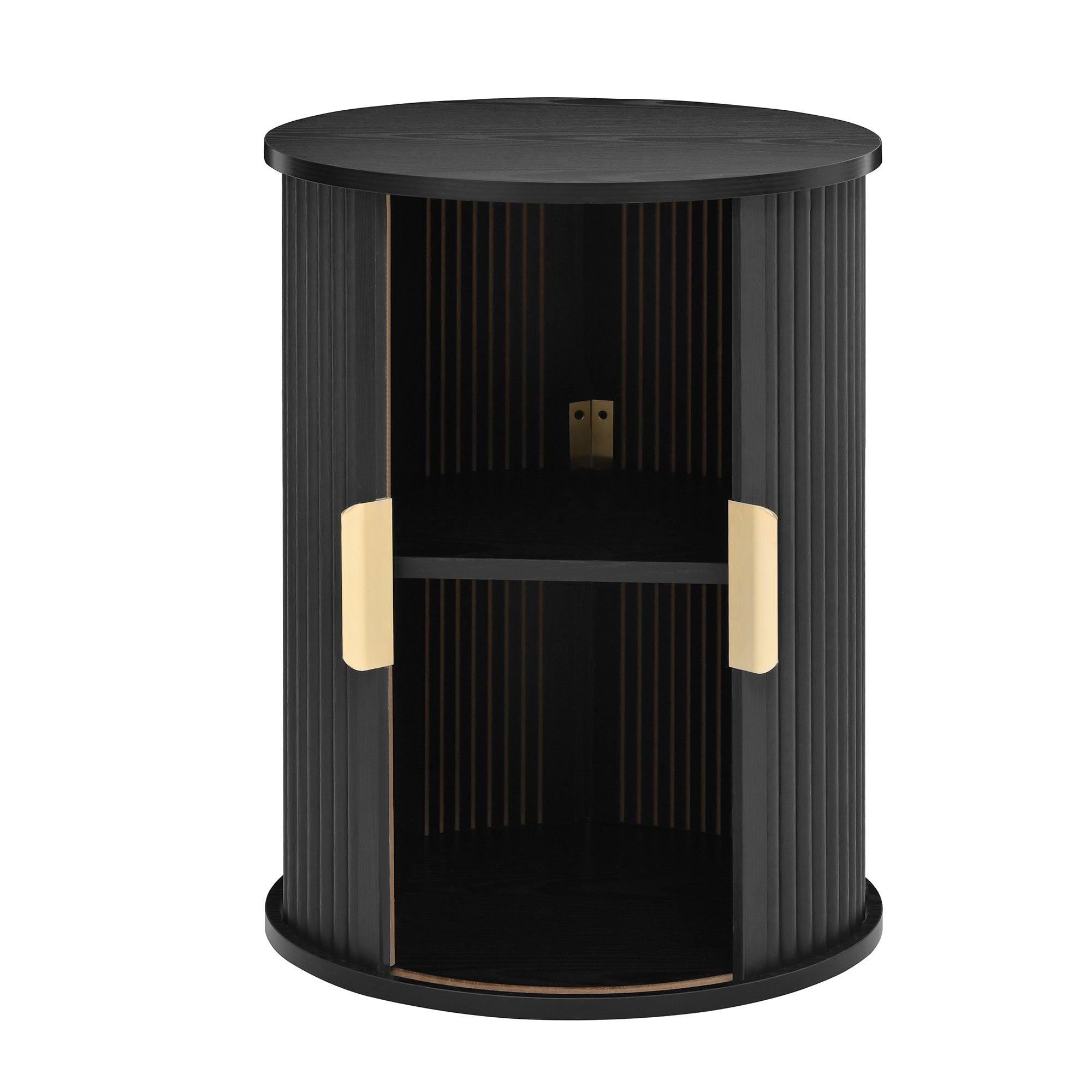 [Assembly Video] Mid-Century Coffee Table Set with Sliding Tambour Door, Round Fluted End Table With Storage, Golden Handle Tall & Low Side Table with Wooden Finish for Living Room, Set of Two, Black.