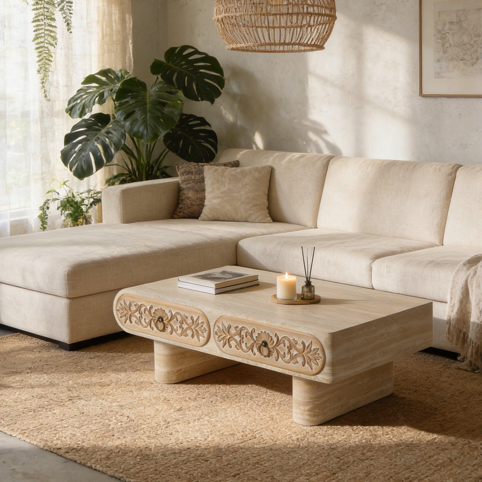 Rounded Edge Coffee Table with Drawer for Living Room.