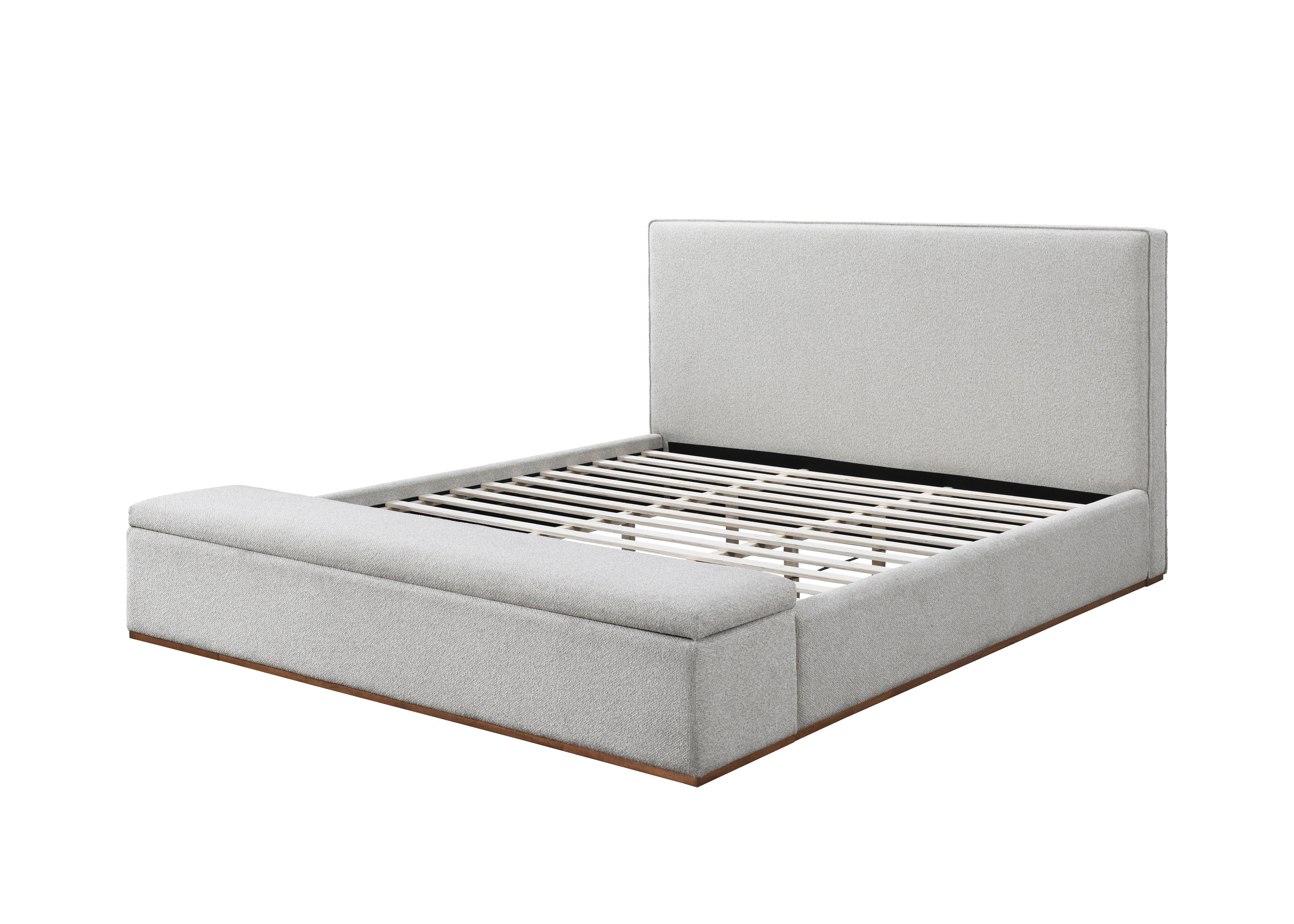 Boxter Beige King Bed with Storage - Elegant Design featuring open slatted base and upholstered frame in beige linen.