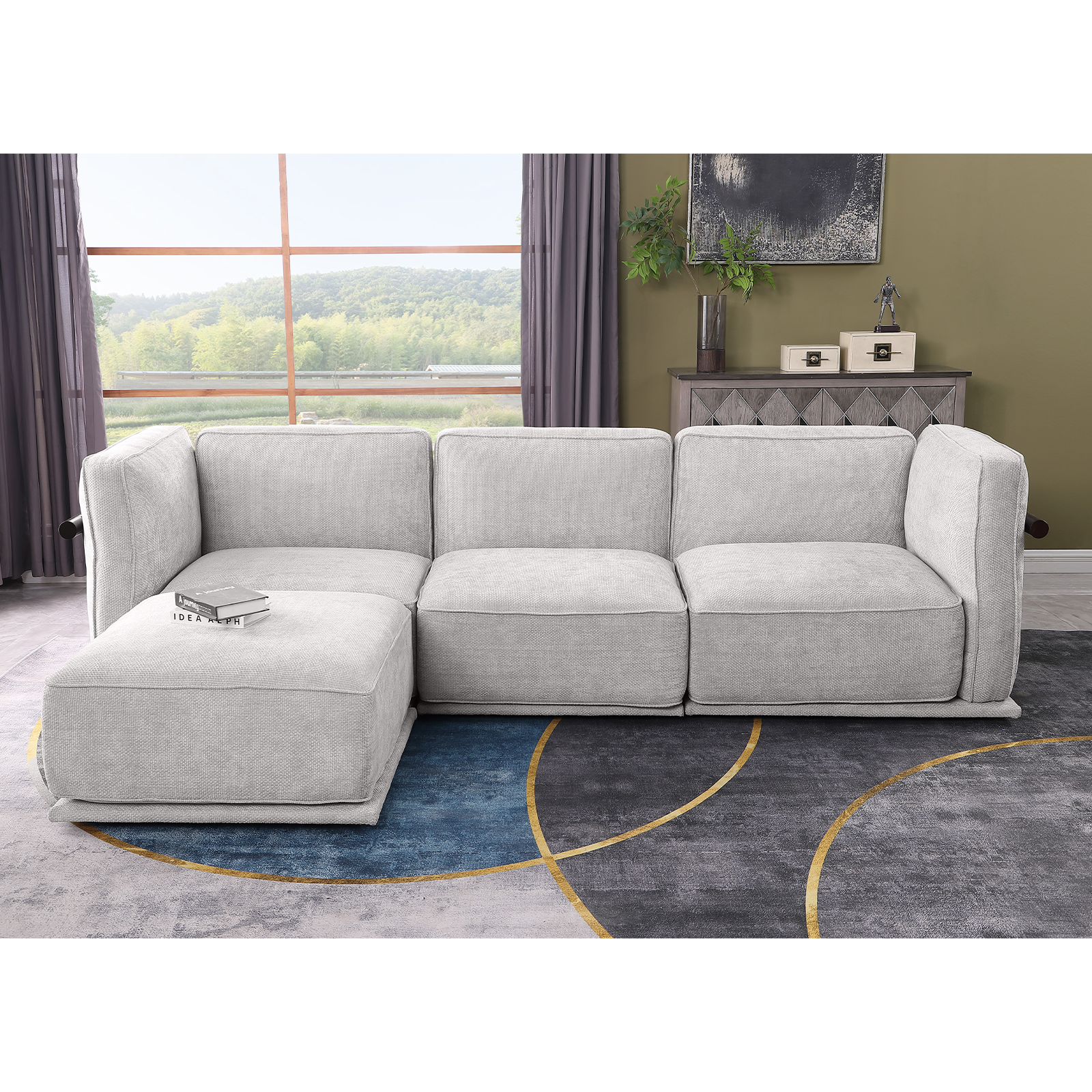 Modern 120-inch light gray chenille modular sectional sofa with a sturdy frame, placed on a contemporary area rug.