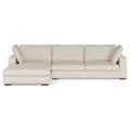 Cream performance fabric left-facing sectional sofa with a solid wood frame and plush high-density foam cushions.