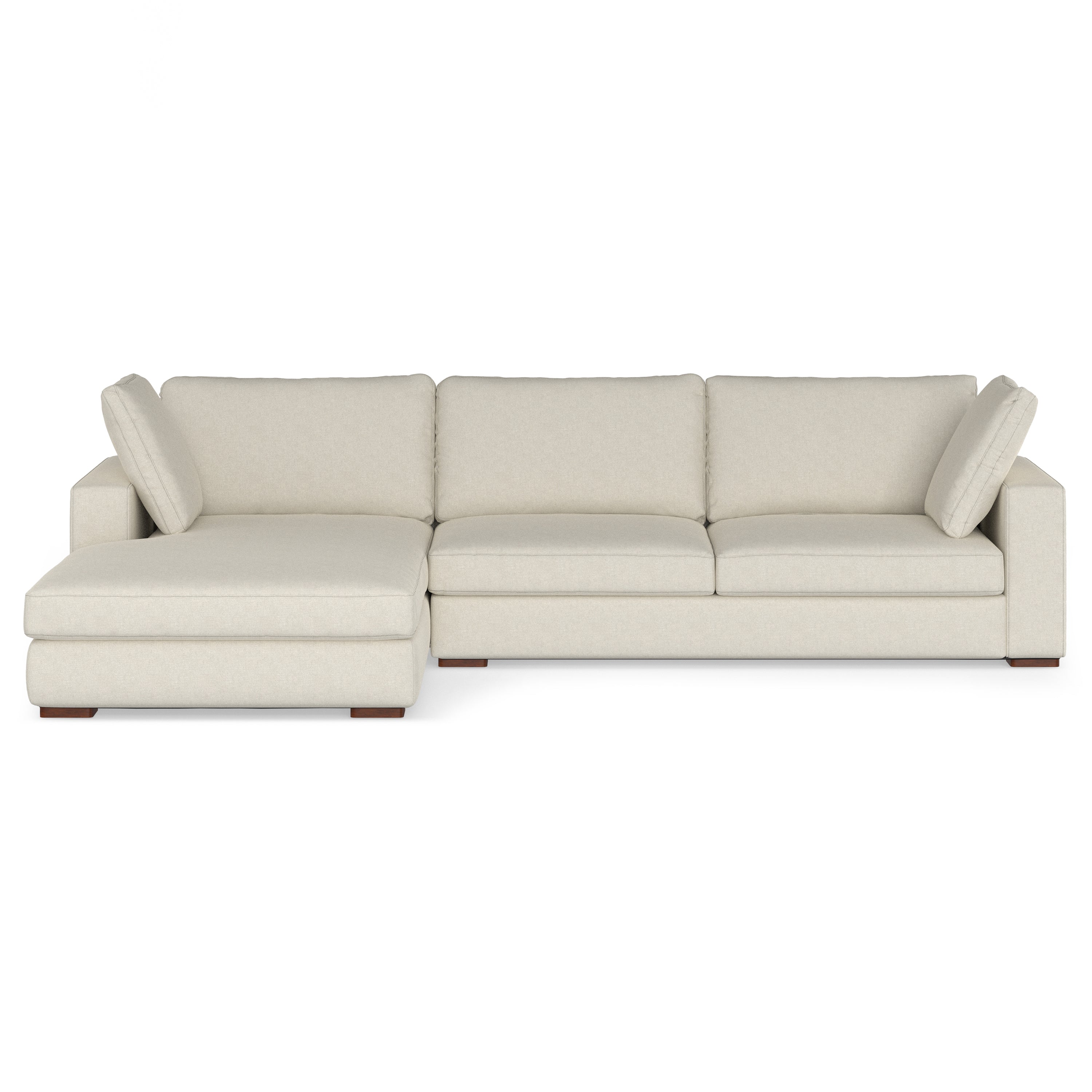 Cream performance fabric left-facing sectional sofa with a solid wood frame and plush high-density foam cushions.