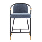 Single upholstered counter stool with blue textured seat, black metal frame, and gold-tipped legs, ideal for contemporary kitchen counters.