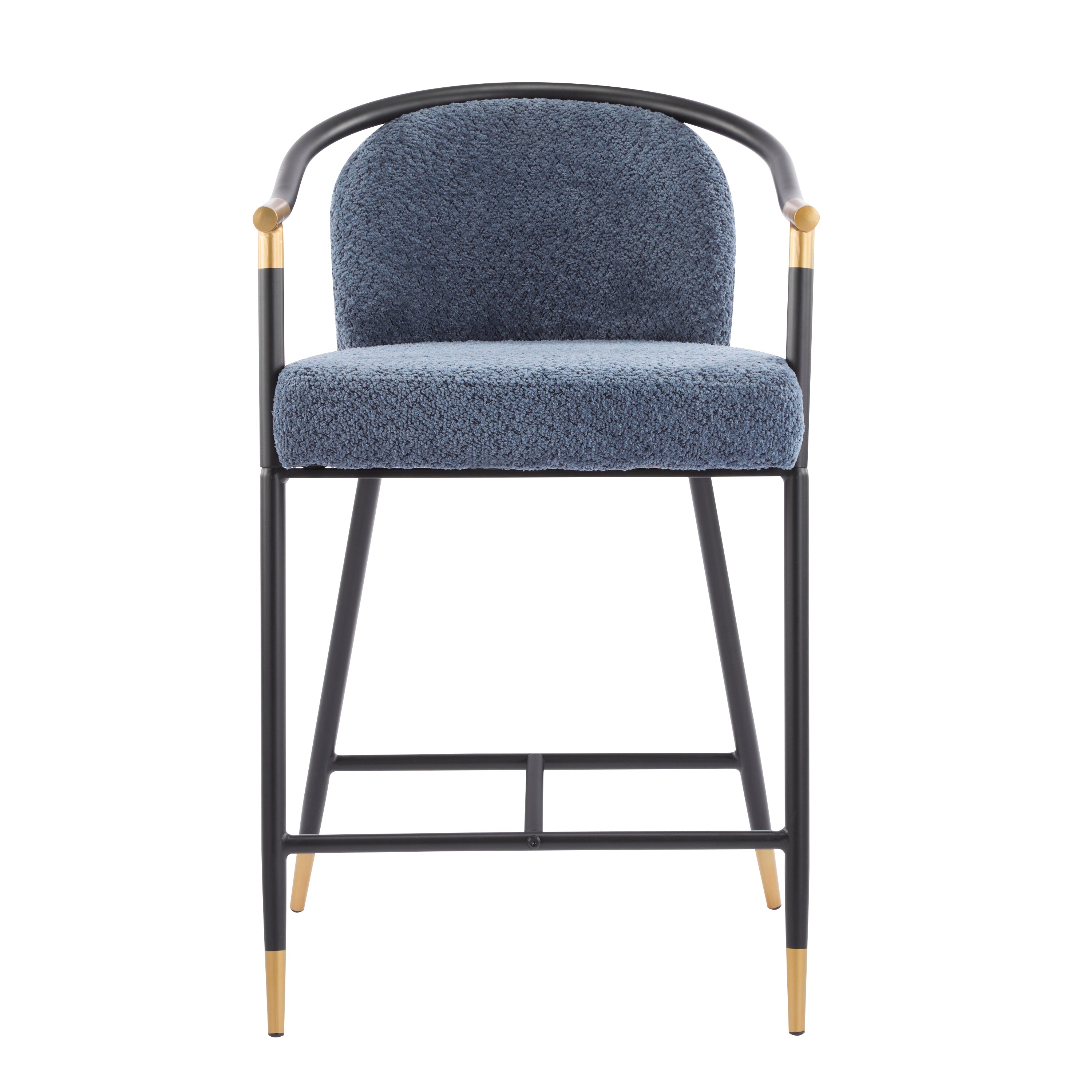 Single upholstered counter stool with blue textured seat, black metal frame, and gold-tipped legs, ideal for contemporary kitchen counters.