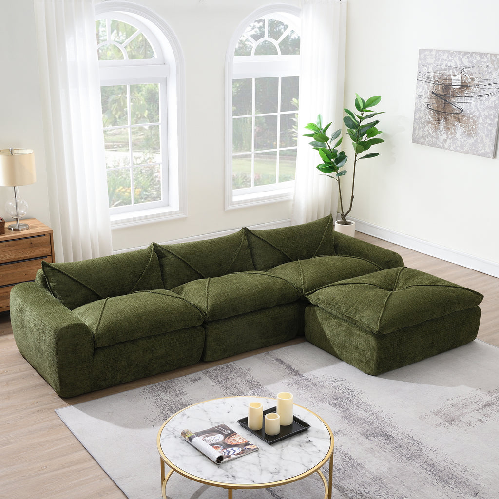 116'' compressed sofa in green chenille fabric with high density foam, no assembly required, placed in a bright modern living room.