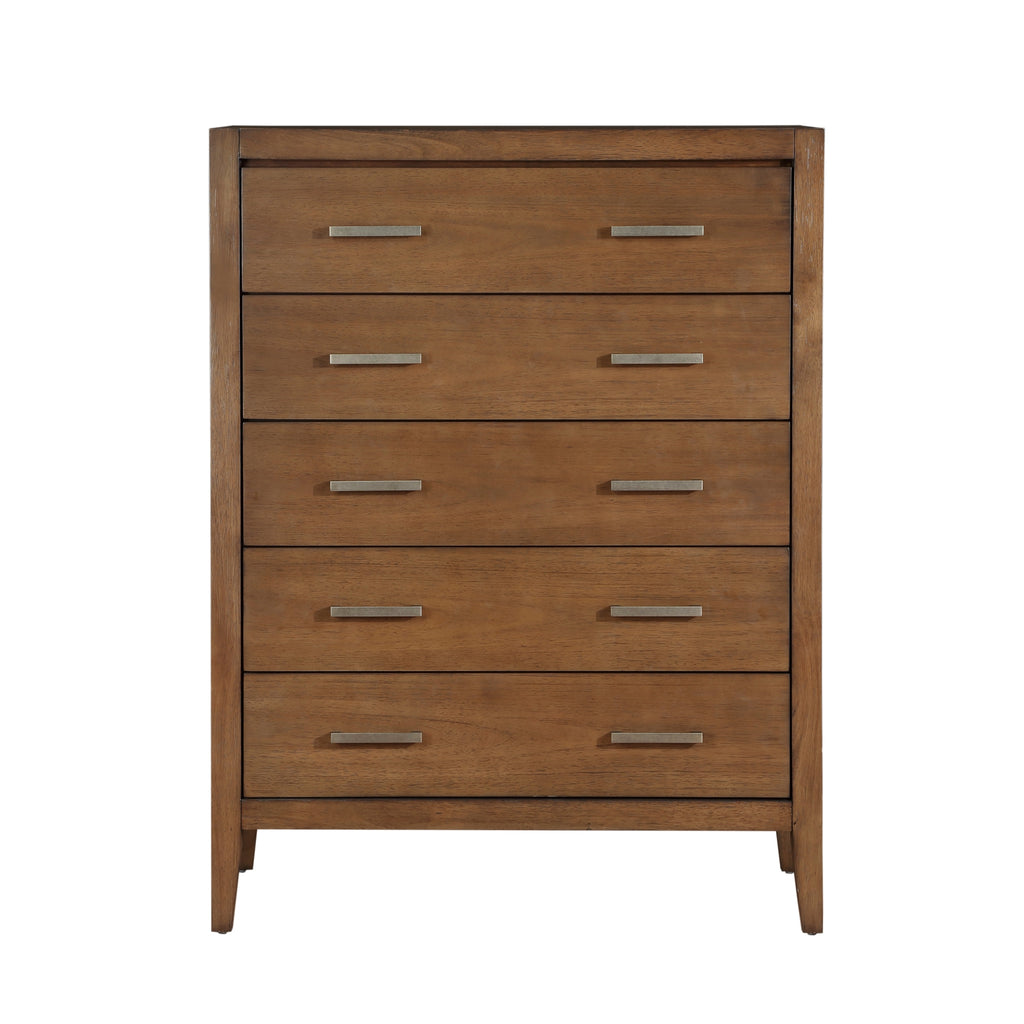 Transitional 5-drawer wooden chest in light brown with sleek, brushed silver horizontal bar pulls.