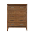 Transitional 5-drawer wooden chest in light brown with sleek, brushed silver horizontal bar pulls.