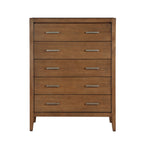 Transitional 5-drawer wooden chest in light brown with sleek, brushed silver horizontal bar pulls.