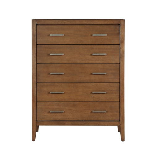 Transitional 5-drawer wooden chest in light brown with sleek, brushed silver horizontal bar pulls.